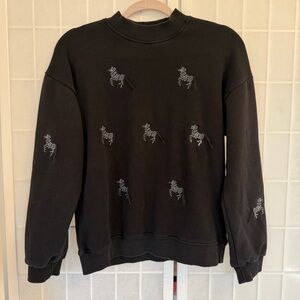 Seawhen Cotton Crewneck Sweatshirt Zebra Embroidered Size Small Black